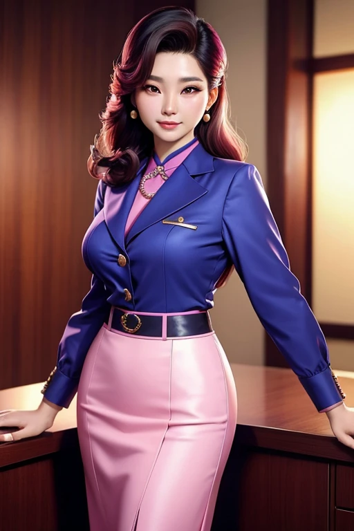 Beautiful S Korea Korean woman in a very 80s womens power business suits in 80s vibrant deep colors with pearls well styled coiffed hair, real person, detailed body, skirt, office lady like a Korean fashion model ullzang 