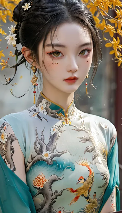 Chinese Beauty, Charming temperament, floating long dress, Clear face, beautiful eyes, Around osmanthus flowers, A masterpiece of perfect body structure proportions, Very detailed, Epic creation, Color Tattoo Art, Neo-Traditional Tattoo Art, SD tattoo desi...