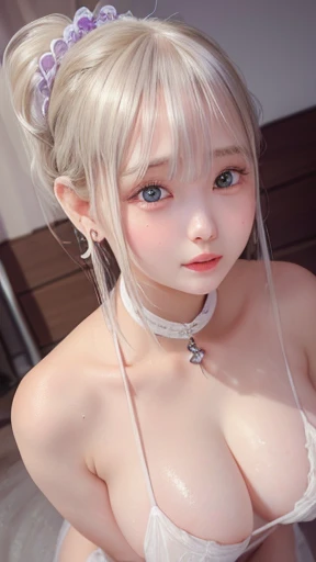 ((Highest quality)), ((masterpiece)), (detailed), Light-colored hair、ponytail、Purple Eyes、Watery eye、A beautiful girl、Long eyelashes、Large ring-shaped earrings、See-through、congestion、 medium shot,　shoot from above,、Blushed:1.1、Knee-high boots