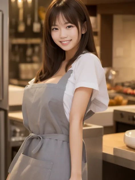 High resolution, One girl, Brown Hair, Medium Hair, Large Breasts, smile, Asian、apron