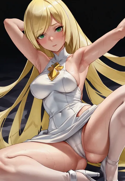 ((best quality)), ((highly detailed)), masterpiece, absurdres, (detailed eyes, deep eyes), (1girl), dynamic pose, upper body, Lusamine, blondde hair, very long hair, green eyes, medium breasts, (white dress), sleeveless dress, green gemstone, white legging...