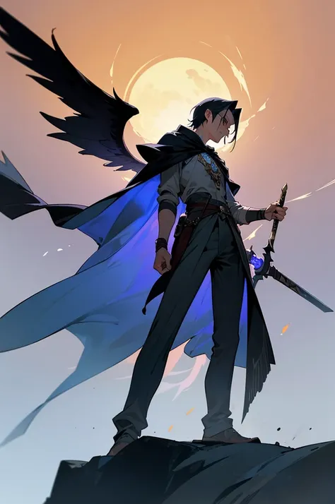 Riven Castellanos, an enigmatic sage, standing atop a craggy cliff overlooking a sprawling cityscape bathed in the soft glow of twilight. His silhouette is stark against the burgeoning night sky, a canvas of deep purples and fiery oranges that mirror the i...