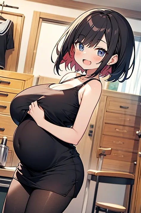 anime gravure,hyper cute 17yo sporty girl,
black hair,short hair,(huge breasts),
black camisole,black micro miniskirt,black pantyhose,
open mouth smile,(great thigh),pregnant,happy,