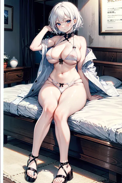 1 female，Attractive anime girl,whole body肖像，whole body，White lingerie，White short hair，Pale skin、Pale skin、Big boobs，较Big ，White sandals，