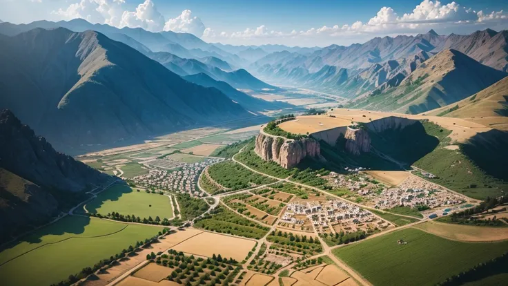 Beautiful scenery of ancient Iranian village, Aerial view, Photorealistic photos, High definition. 