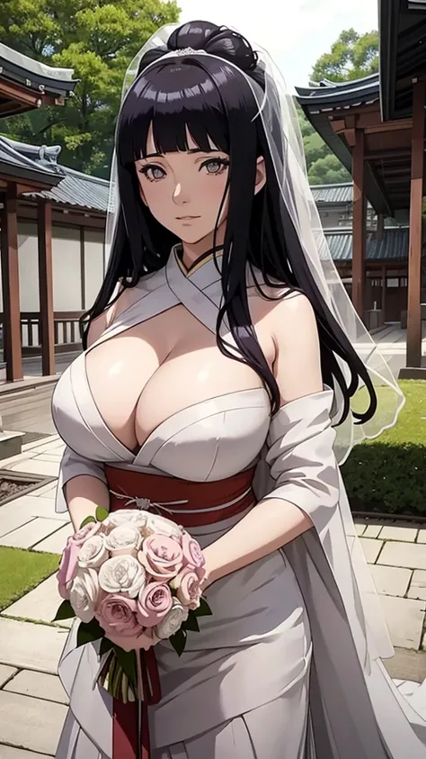 Hinata hyuga with huge breasts in a wedding dress with a huge veil neckline and bouquet in the courtyard of a Japanese temple 