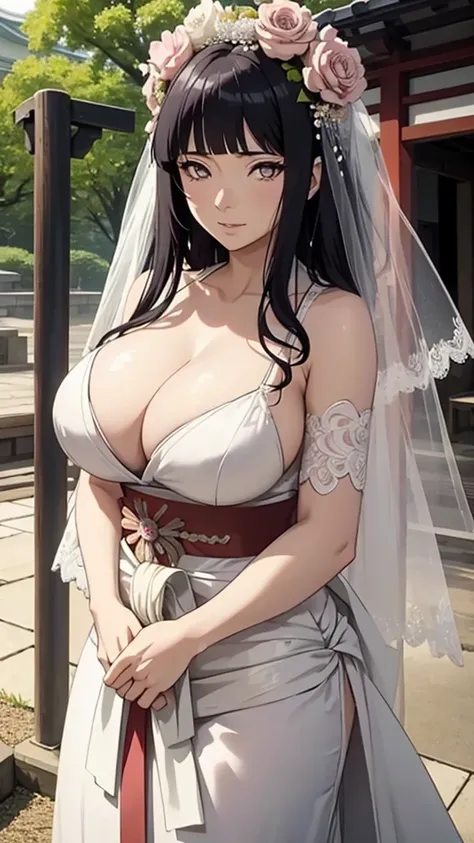 Hinata hyuga with huge breasts in a wedding dress with a huge veil neckline and bouquet in the courtyard of a Japanese temple 