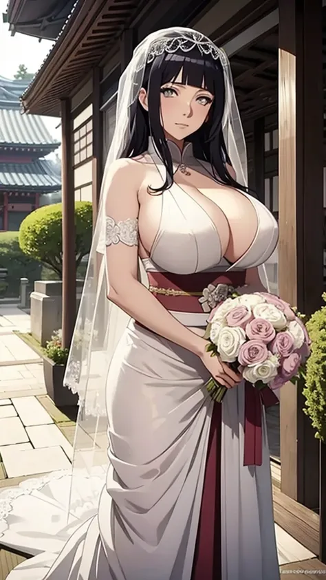 Hinata hyuga with huge breasts in a wedding dress with a huge veil neckline and bouquet in the courtyard of a Japanese temple 