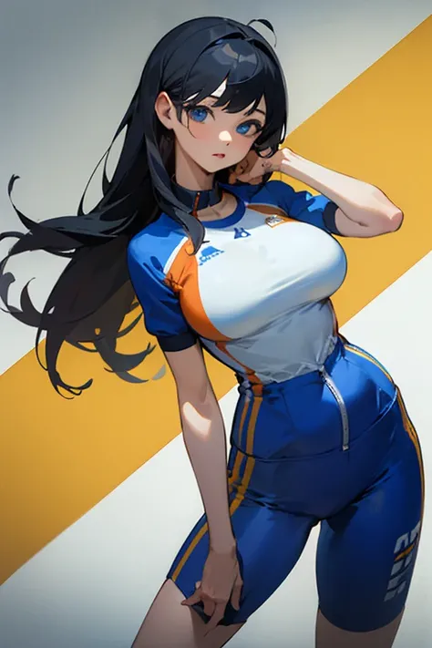 ((Highest quality)), ((masterpiece)), (detailed), One girl, Gym suit,,Black Hair,blue eyes,Long Hair,Big Breasts,