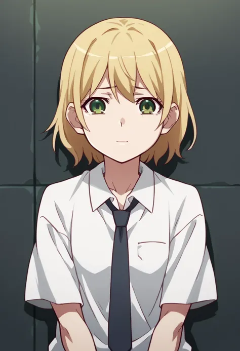 Anime girl with blonde hair and green eyes wearing a white shirt and tie, arms hiding bottom half her nose with sad expression 