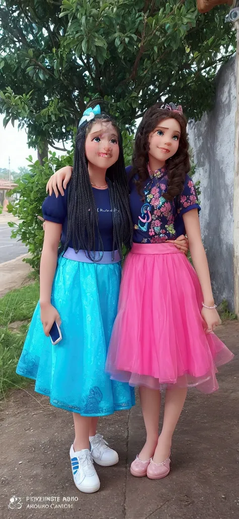 beautiful girls with skirts, beautiful, pink and blue color, in fashionable, blue and pink clothes with disney magic