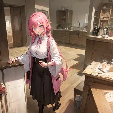 A girl who has short pink hair that reaches past her neck, she has some decorations in her hair and has pointy elf ears, she has pink eyebrows and her hairlines are also pink, the pupils of her eyes are a very bright blue color, she has a young face simila...