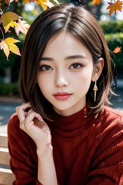 sitting on a park bench、(RAW shooting), (((Overall image)))、３５age、((Red sweater with high neck))、White scarf around neck、Long thin earrings、Round eyes、Cheek on ear、correct、make、smile、Biting the lower lip、（((Close one eye and wink)))、Soft lips、誘惑的なsmile、Spa...