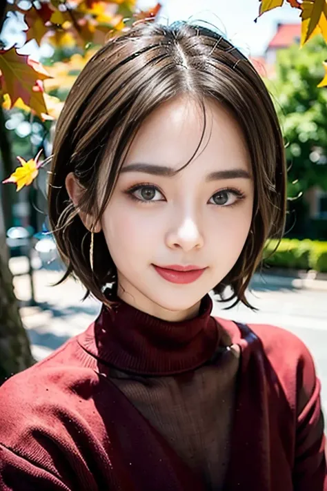 sitting on a park bench、(RAW shooting), (((Overall image)))、３５age、((Red sweater with high neck))、White scarf around neck、Long thin earrings、Round eyes、Cheek on ear、correct、make、smile、Biting the lower lip、（((Close one eye and wink)))、Soft lips、誘惑的なsmile、Spa...