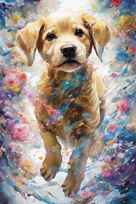 teamLab Style - Artwork、Masterpiece、Ultra high definition、Golden Ratio、Beautiful puppy、A dynamic pose、From below、Anatomically correct depiction、