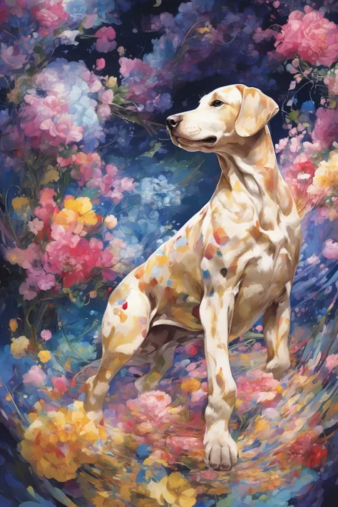 teamLab Style - Artwork、Masterpiece、Ultra high definition、Golden Ratio、Beautiful puppy、A dynamic pose、From below、Anatomically correct depiction、