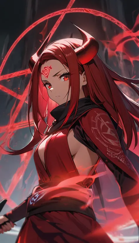 1girl,red straight curtain hair revealing forehead,long face,red eyes, ,red blazer with logo,high waisted red skirt,standing, serious,red glowing eldritch magic circle, perfect body,closer,carrying two blades on her back,big demon horns, ninja,closeup