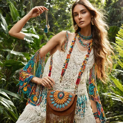 Capture a high-resolution, cinematic photo of a model exuding confidence in a bohemian bliss outfit. Imagine the model rocking a pair of wide-leg pants boasting a mesmerizing paisley print in colors that echo the floral theme. Picture a white crochet crop ...