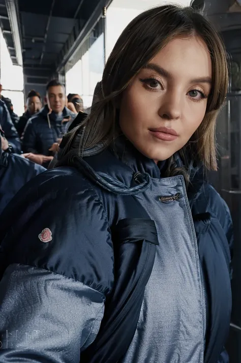 (photograph of Sydney, in silk navy blue moncler puffer coat), ((looking at viewer)), photorealistic, large breasts, silk bra