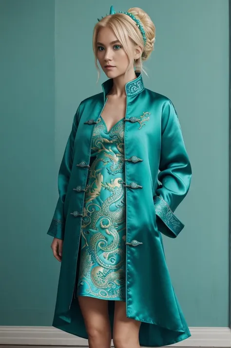 Hair: Blonde
Eyes: green
Has dragon horns that look like teal coral and has a sea dragon tail with teal scales
Has gills on her neck
Wears a silk light blue chinese dress with leviathan patterns on them, Wears a navy Admirals coat, wears slip on shoes