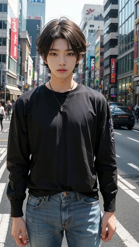 (​masterpiece、top-quality、top-quality、raw、A hyper-realistic)、Urban cityscape、Shibuya cityscape、a handsome、twinks、(((Korean in his 20s with idol face)))、A slender、(((Please wear a plain black long-sleeved T-shirt all over your body.)))、((whole body visible)...