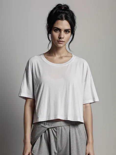 Best quality, masterpiece, ultra high res, (photorealistic:1.5), raw photo, 1 mature Ancient Egyptian girl, (((white cropped oversized  t-shirt hirt))), wide shoulders, in the dark, deep shadow, low key, cold light, sexy look, black Cleopatras hair (((blac...