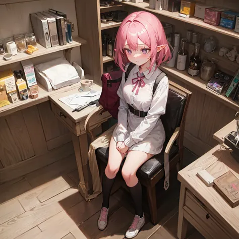 A girl who has short pink hair that reaches past her neck, she has some decorations in her hair and has pointy elf ears, she has pink eyebrows and her hairlines are also pink, the pupils of her eyes are a very bright blue color, she has a young face simila...