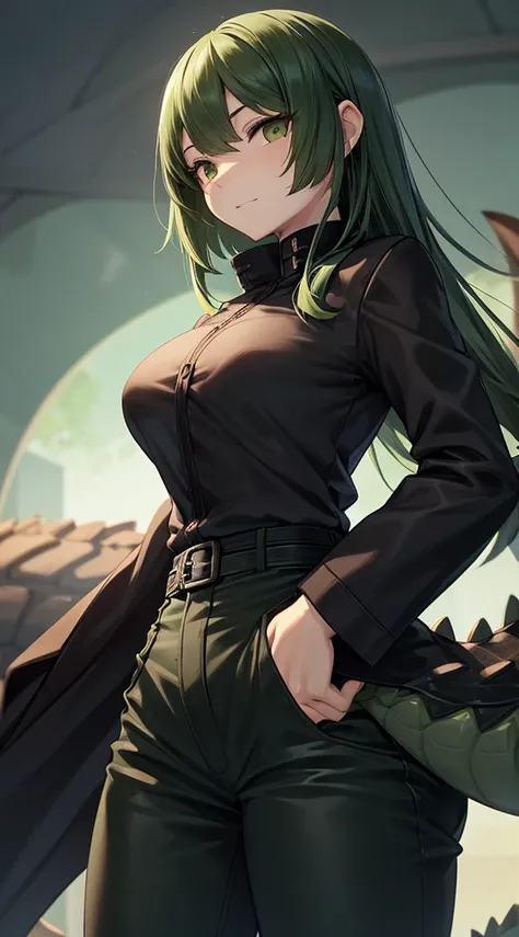 Crocodile girl，Crocodile girl，Crocodile tail，Crocodile tail，长着Crocodile tail的女孩，Dark green hair，Dark green hair，trousers，Black jeans，Standing posture，Black coat，Black coat，Black coat，Crocodile tail，Close-up above the waist