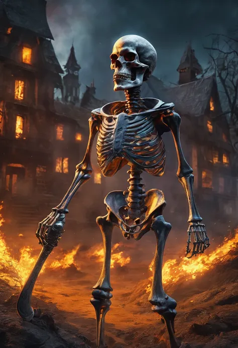 a powerful skeleton villain, skeleton landscape with skeletons on the ground, demon, powerful skeleton, skull with fire, skeleton warrior, best quality, 4k, 8k, highres, masterpiece:1.2, ultra-detailed, realistic, photorealistic, photo-realistic:1.37, HDR,...