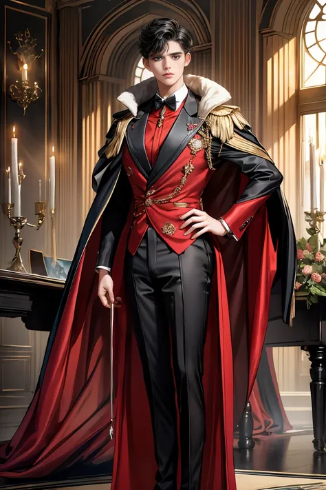 
masterpiece, 最high quality, high quality, 1 boy, alone, Male focus, Watching the audience,  Messy black hair, Adorable big blue eyes, White people, Noble, Noble,Sexy voluminous black and red cape、Tuxedo、A very voluminous, large, very large, very large, lo...