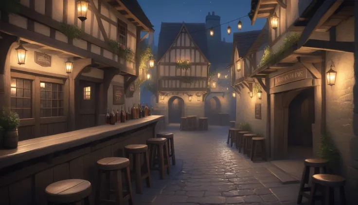 In the quiet of night, the medieval pub stands silent, its worn wooden tables and stools bathed in the soft, steady light of lanterns, the air heavy with the lingering scent of ale and old wood.