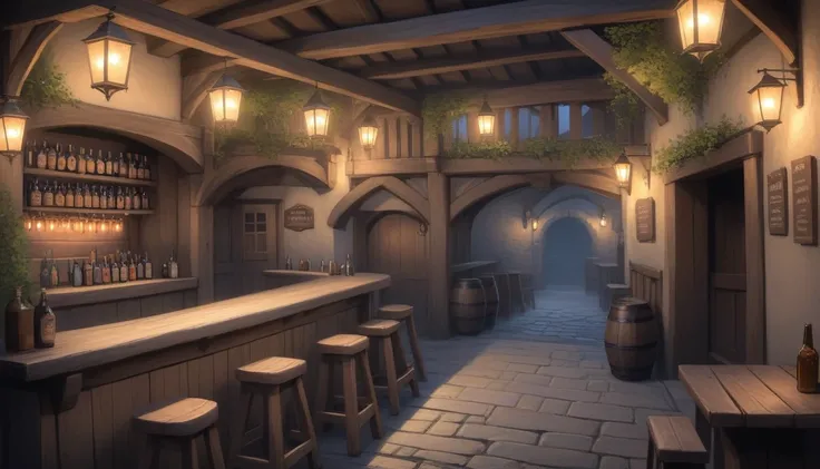 In the quiet of night, the medieval pub stands silent, its worn wooden tables and stools bathed in the soft, steady light of lanterns, the air heavy with the lingering scent of ale and old wood.