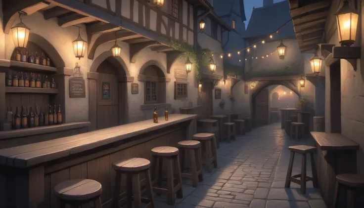 In the quiet of night, the medieval pub stands silent, its worn wooden tables and stools bathed in the soft, steady light of lanterns, the air heavy with the lingering scent of ale and old wood.