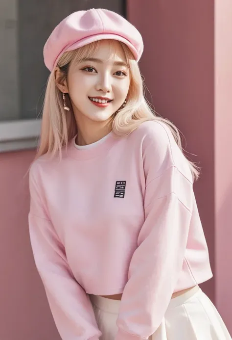 Make the image of a Korean kpop magazine cover with a 25-year-old Korean woman on the cover., she should wear a black sweatshirt, pink skirt, and white sneakers with white socks. Her hair is long and blond with a white beret. Put the phrase "Korean 2000", ...