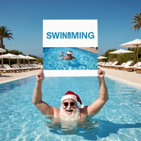 Captures an image from different angles of a swimming pool in which there are white rectangular signs floating in the water without any text, all posters are the same, In the center of the pool, a fat and smiling Santa Claus is floating in the water, bathi...