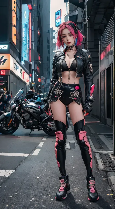 masterpiece, best quality, confident cyberpunk girl, full-body shot, ((standing in front of motorcycle)), harajuku-style fashion...