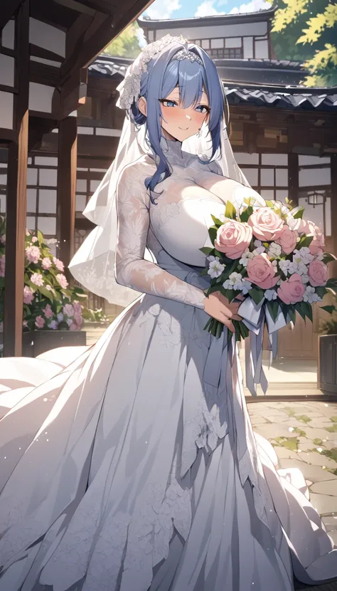 hinata hyuga with huge breasts in wedding dress with huge lace neckline with veil and bouquet in a japanese courtyard