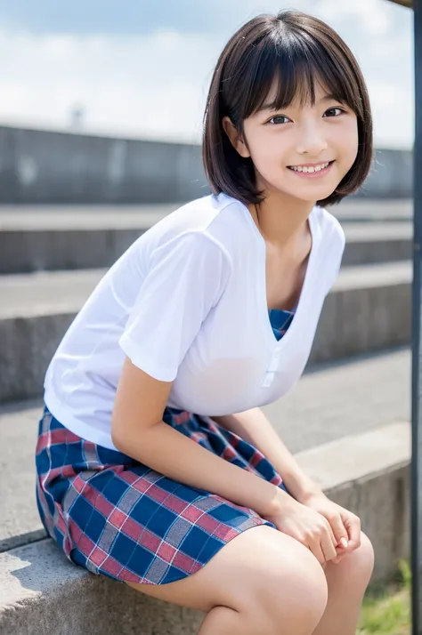 8k,masterpiece,Japanese,12-year-old girl,from the front,smile,cute,Innocent face,Innocent,Kind eyes,Childish,Plain T-shirt,Short sleeve,Blue checked short skirt,Bob,Hair blowing in the wind,Black Hair,Somewhat strong wind,noon,bright,Sitting、M-shaped feet,...