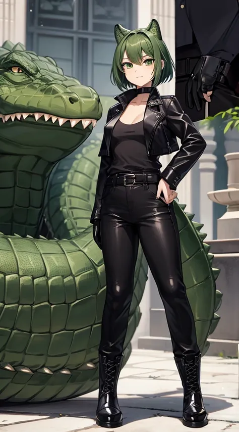 Crocodile girl，Crocodile girl，Crocodile tail，Crocodile tail，长着Crocodile tail的女孩，Dark green hair，Dark green hair，trousers，Black jeans，Standing posture，Black coat，Black coat，Black coat，Crocodile tail，Close-up above the waist，Bare limbs，Alligator leather arm，...