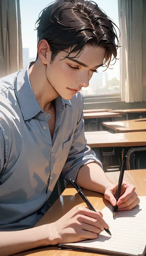 masterpiece , modern, Verism, masterpiece, super detail, best quality, 4K , [Realistic], One good young man,Black short hair,Taking classes at a university,is writing in a notebook on the desk,right handed,Sitting,In the university classroom.
