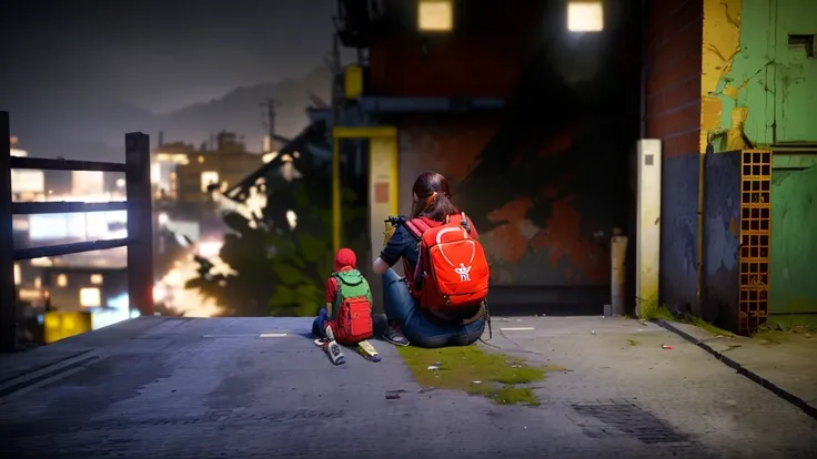 there is a woman sitting on the floor with a red backpack, peru, screenshot from the game, 2020 videogame screenshot, videogame screenshot>, high quality screenshot, screenshot from the game, red and cinematic lighting, cinematic shot!, Fallout Style Istam...