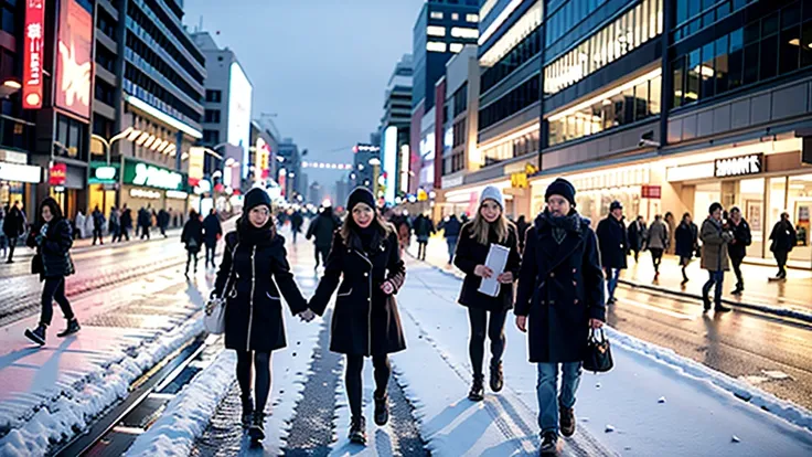 First Snow，Bustling streets，People walking on the street