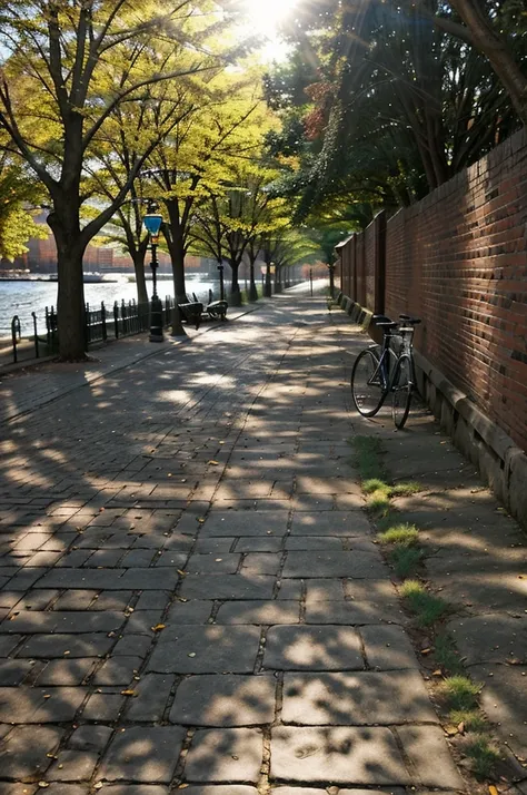 a bicycle parked on a brick path next to a body of water, pexels contest winner, nice spring afternoon lighting, boston massachusetts, morning sun, student