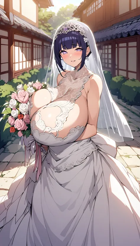 Hinata hyuga with huge breasts in wedding dress with huge lace neckline with veil and bouquet in a Japanese courtyard