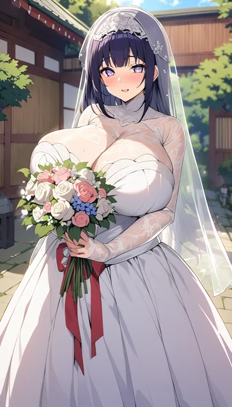 hinata hyuga with huge breasts in wedding dress with huge lace neckline with veil and bouquet in a japanese courtyard