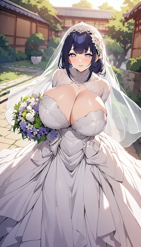 Hinata hyuga with huge breasts in wedding dress with huge lace neckline with veil and bouquet in a Japanese courtyard