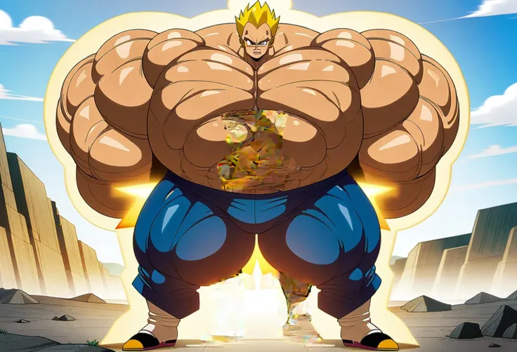 1boy, Vegeta, from Dragon Ball Z, masterpiece, best quality, very aesthetic, absurdres, saiyan, green eyes, spiked hair, (yellow hair:1.5), shirtless, blue skintight pants, white gloves, (huge muscles:2.5), dragonballartstyle, in the style of Akira Toriyam...