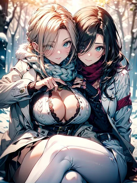 ((2 girls:1.5, playing around in snowy field in forest:1.37, sitting)), Nordic, ((matured girl wearing Sexy white outfits:1.3, cable knit sweater:1.3, close-up chest:1.37, seducing sexually:1.3)), a matured woman with long hair and a white outfit, white wi...