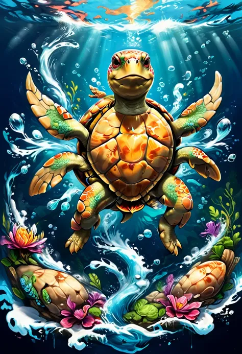  t-shirt designs, vectorial art, colorful illustration of a smiling turtle, At the center, swirly vibrant colors, sea waves, air bubbles, seaweed, Buzios, high détail, White background, t shirt design.
(work of art, best qualityer, proffesional, perfect co...