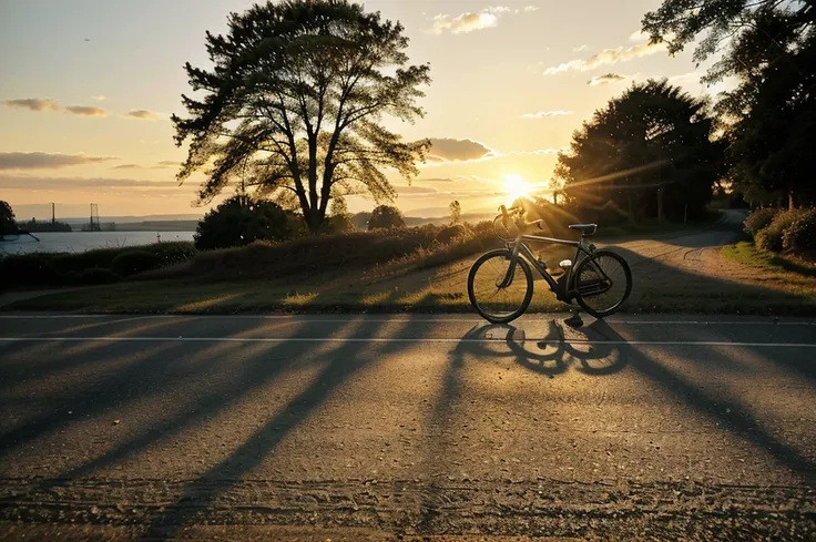 there is a bike parked on the side of the road, bicycle in background, bicycle, bicycles, perfect detail, taken at golden hour, morning golden hour, crisp details, beautiful sunny day, portrait shot, summer morning light, sun is shining, perfect crisp sunl...